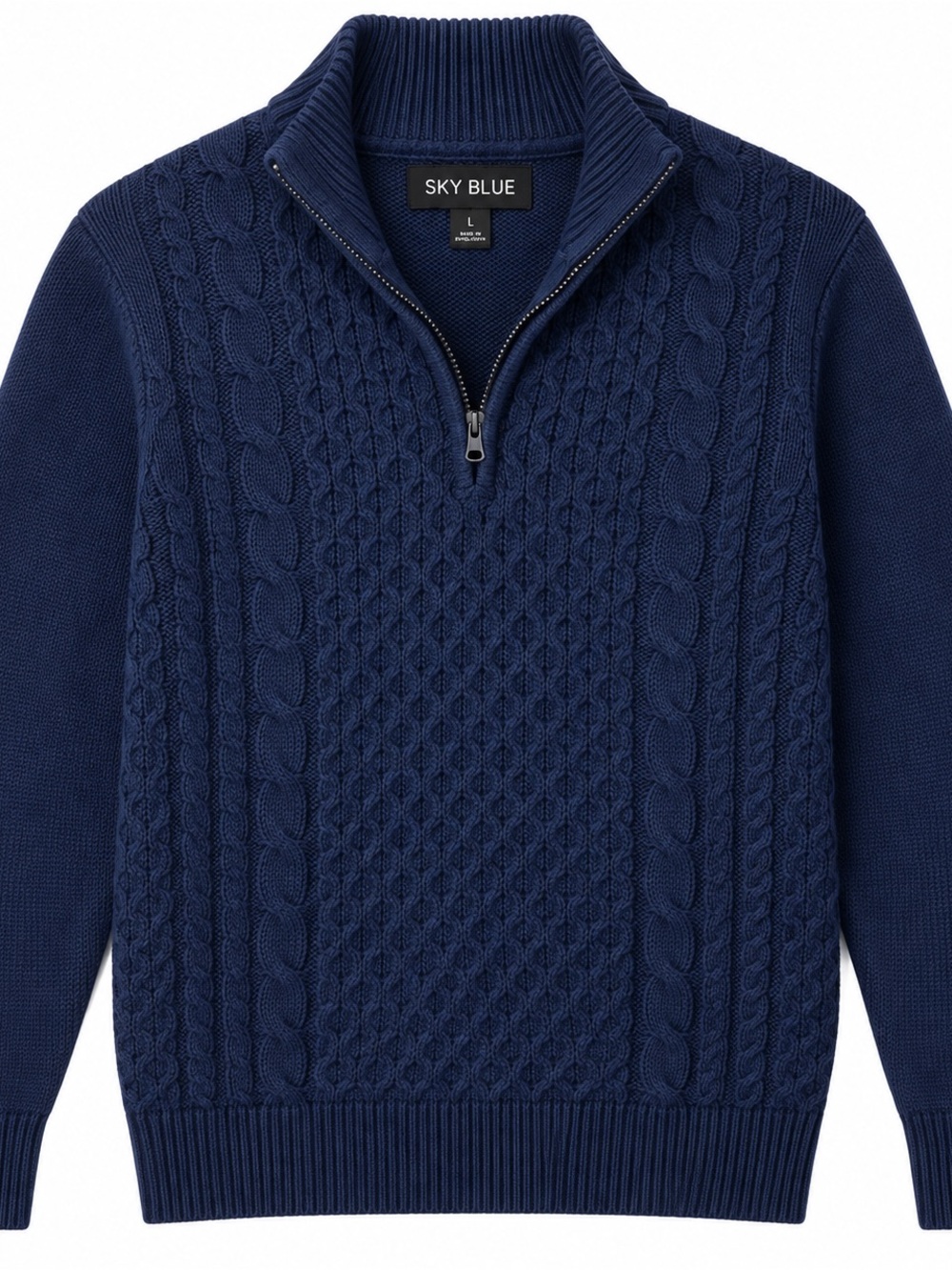 Sky Blue Men’s L Navy Cable Knit Quarter Zip Cotton Sweater